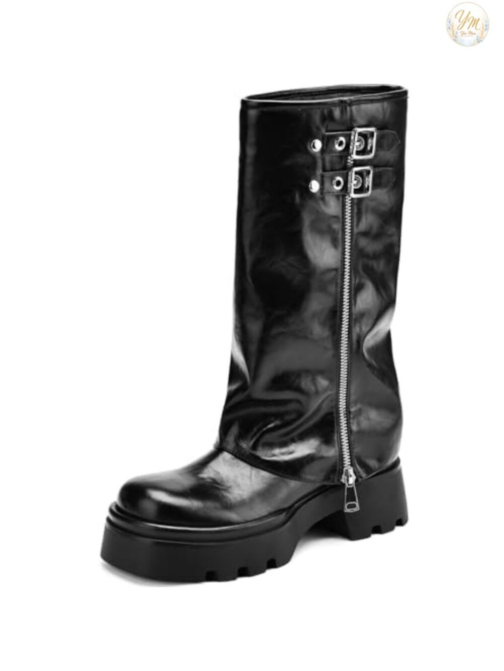 Women's Knee High Moto Riding Boots, Fold Over Block Heel Platform, Pull-On,